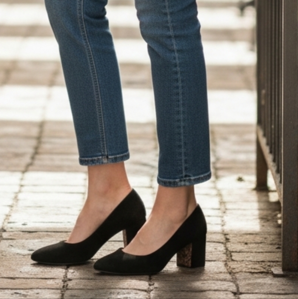 Talbots Black Suede Block Heel Pumps with Cork-Look Heel